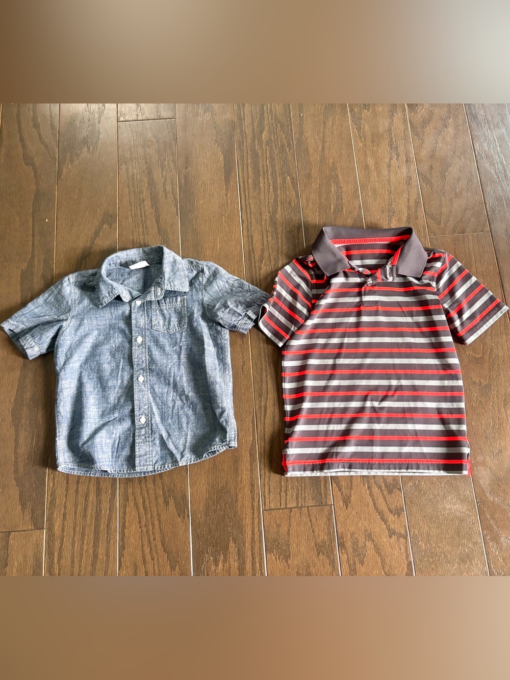 Boys 2 Collared Shirts Sz 4- Chambray Button Front & Striped Performance Polo